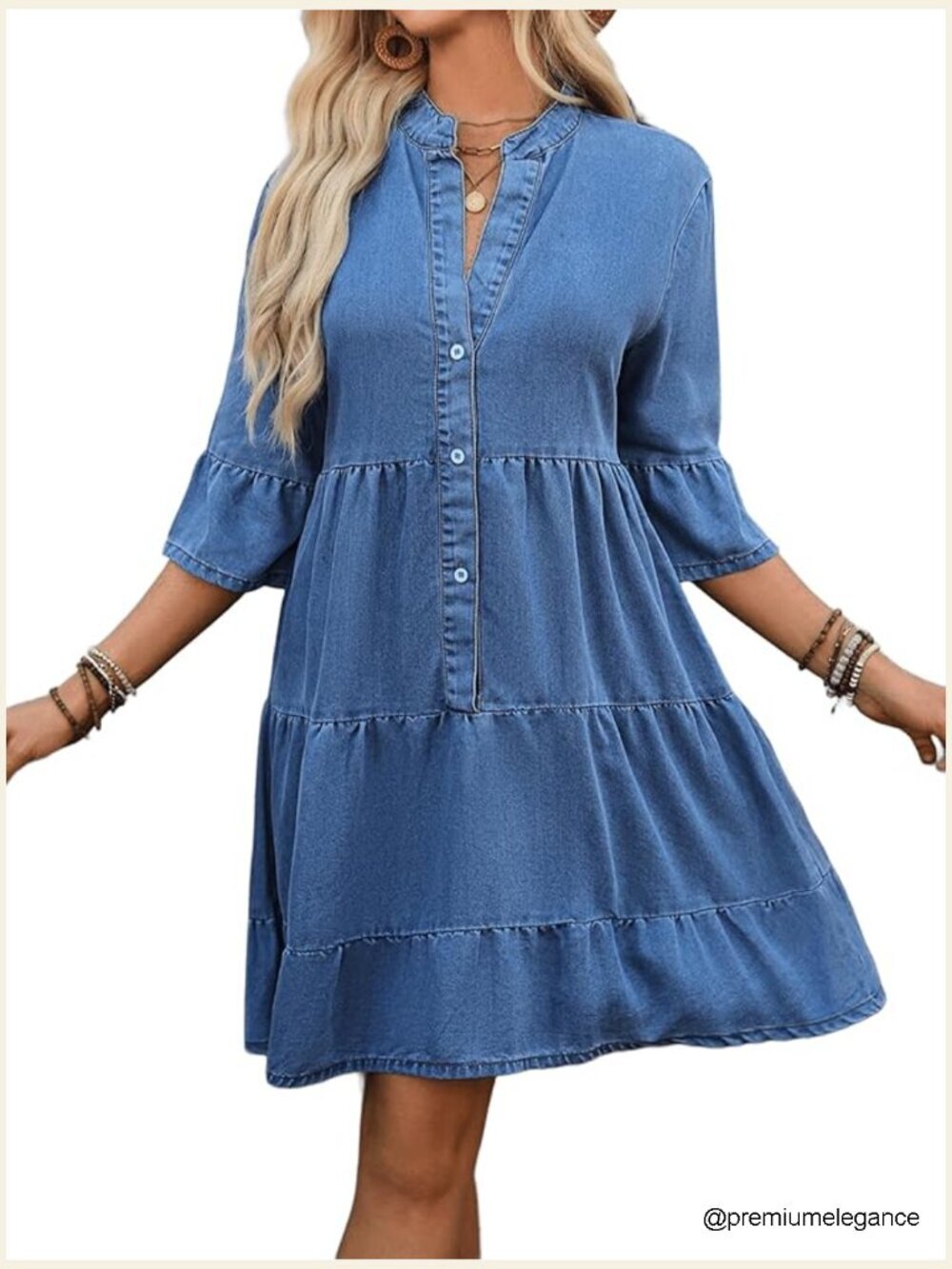 Tiered Ruffle A-Line Denim Dress 3/4 Flared Sleeves Summer Jean Dress